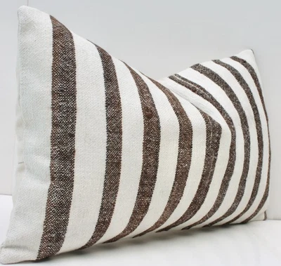 装饰性白色棕色土耳其边腰枕套 12x20 棉靠垫 — 第 1/4 张图片