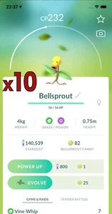 ¡Paquete de 10 Pokémon Bellsprout!! ¡Buena oportunidad de suerte y buenos IV!! Go - Imagen 1 de 1