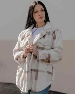 DIXXON Flannel Womens Dusty Rose Cream Brown Pink Long Sherpa Fleece Shacket - Picture 1 of 6