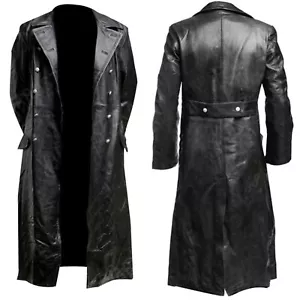 MEN'S GERMAN CLASSIC WW2 MILITARY UNIFORM OFFICER BLACK LEATHER TRENCH COAT L - Picture 1 of 7