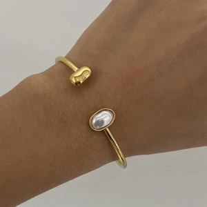 Fashion Woman 18k Gold Plated Pearl Oval Bracelet Bangle Cuff Anti-tarnish - Picture 1 of 5