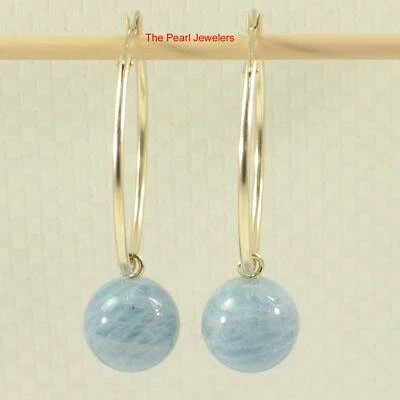 14kt Solid Yellow Gold 25mm X 1.25mm Hoop Blue Aquamarine Dangle Earrings - Image 1 of 3