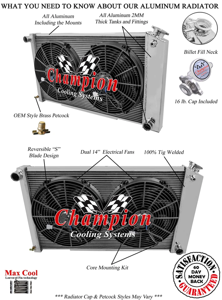AL Champion 3 Row Radiator 17x28",14" Fans for 1968-1973 Pontiac GTO (Manual) - Image 1 of 4