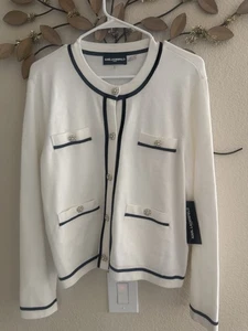 KARL LAGERFELD PARIS KnitCrew Neck Long Sleeve EmbellishedFront ButtonCardigan,L - Picture 1 of 2