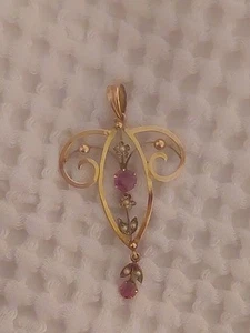 ANTIQUE 9ct GOLD ART NOUVEAU PENDANT AMETHYST / PEARL - Picture 1 of 7