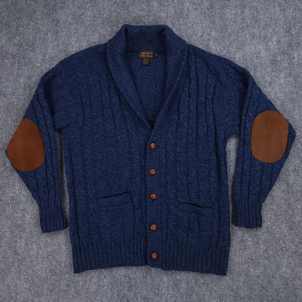 Suéter De Colección Eddie Bauer Para Hombres Medio Azul Lana Chal Cuello Codo Parches Años 90 Foto 1 de 4