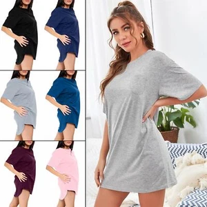Women's Plain Cotton Night Wear Long T-shirt Front Pocket Short Sleeve Nightwear - Picture 1 of 31