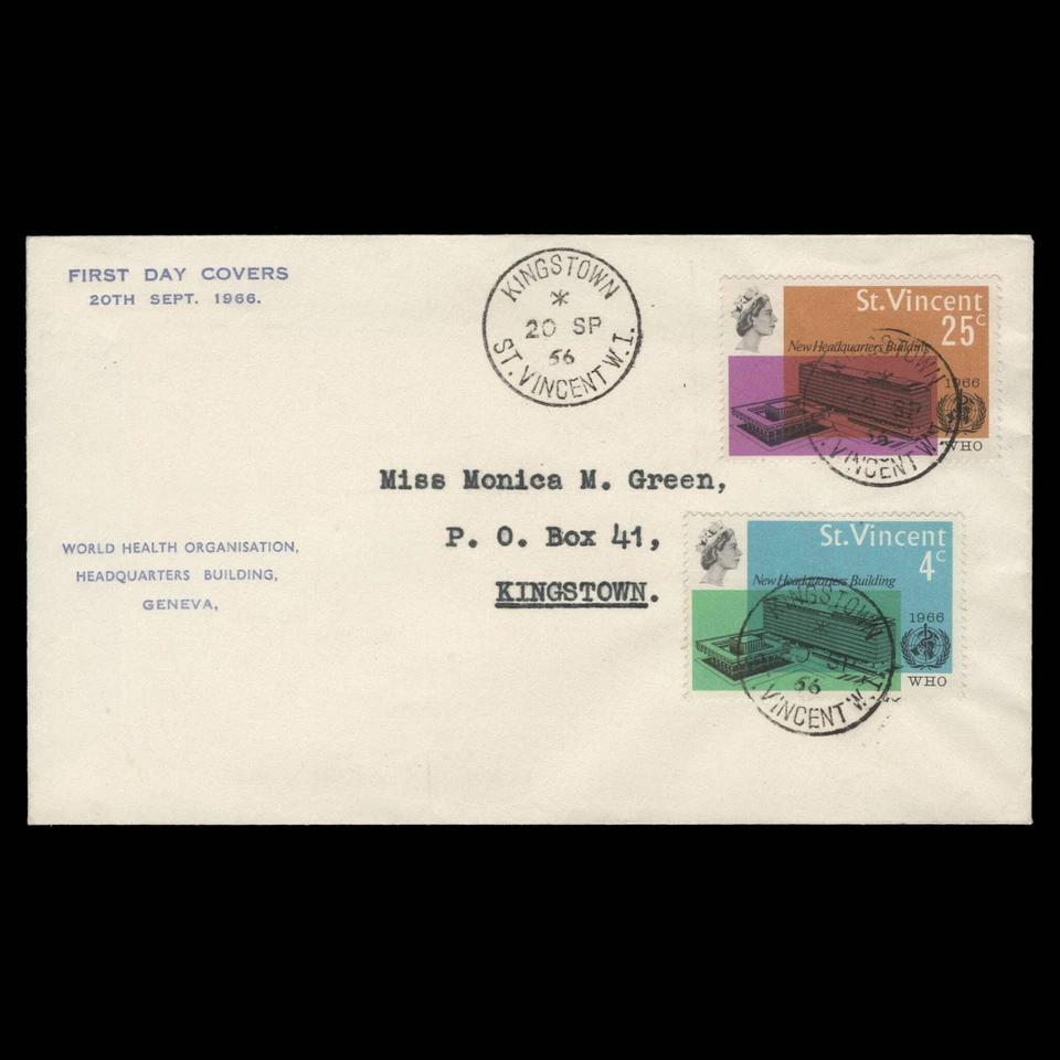 Saint Vincent 1966 Inauguration of WHO Headquarters first day cover, KINGSTOWN - Image 1 of 1