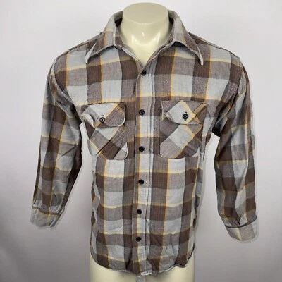 Vtg 60s 70s Flannel Shirt Mens Wide Collar Cruiser Camp Plaid Work Wear Large - Image 1 of 4