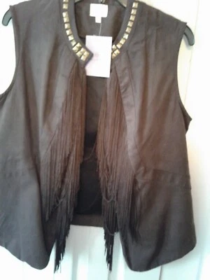 Womens L Fringed Studded Open Front Vest Relaxed Faux Micro Suede Brown.New - Image 1 of 4