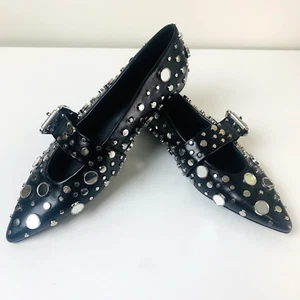 Zara Studded Black Flats Women's Size EUR 37/AUS 6 Pointy Close Toe Buckle - Foto 1 di 16