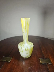 Vintage Bohemian Tall Yellow & White Spatter Glass Vase With Gilt Detailing - Picture 1 of 17