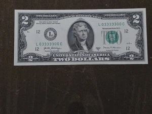 2017A $2 fancy serial number binary L03333300C UNC with 5in a row 3s . - Picture 1 of 2