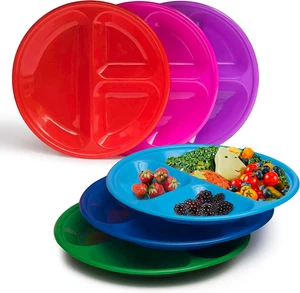 12 Pack Kids Divided Plates 3 Compartment Plastic Children Trays 6 Bright Colors - Picture 1 of 12
