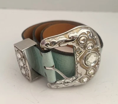 VTG Streets Ahead Wide Leather Belt w/Large Rhinestone Silver Metal Buckle SALE! - Image 1 of 4