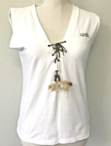 Womens Boho Top Short Sleeve Shirt With Feather Detail Large - Picture 1 of 8