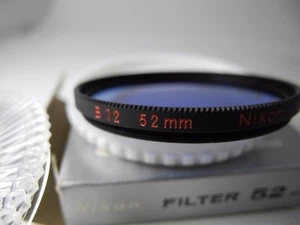 NIKON FILTER, 52MM B12 BLUE/WITH RED SCRIPT HEAVY BRASS RING BOXED W/CASE - Picture 1 of 4