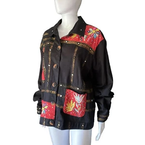 VTG Cotton Embroidered Wm’sJacket XL Mirrored Sequins Artsy Black Sandy Starknan - Picture 1 of 22