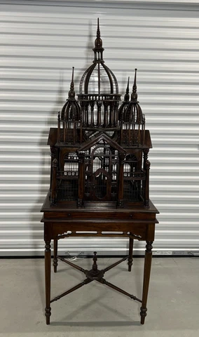 Vintage Mid 20thC Victorian Style Cathedral Mahogany Bird Cage Cover