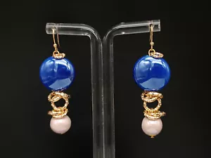 Orecchini donna pendenti ceramica blu e rosa monachella argento 925 placcato oro - Foto 1 di 7
