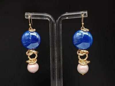 Orecchini donna pendenti  blu rosa monachella argento 925 placcato oro ceramica - Immagine 1 di 4