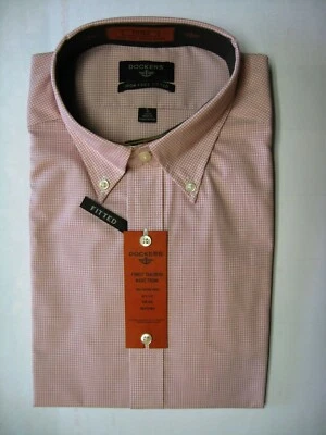 NUEVO CON ETIQUETAS DOCKERS PARA HOMBRES CAMISA DE ALGODÓN SIN HIERRO AJUSTADA CUADROS ROSAS L 16 32/33 $68 Foto 1 de 3