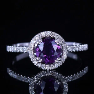 10k White Gold 6.5mm Round Genuine Amethyst Gemstone Diamond Engagement Ring - Picture 1 of 6