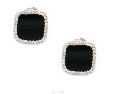 orecchini argento 925 onice nero bottone quadrato zirconi bianchi omega da donna - Immagine 1 di 4