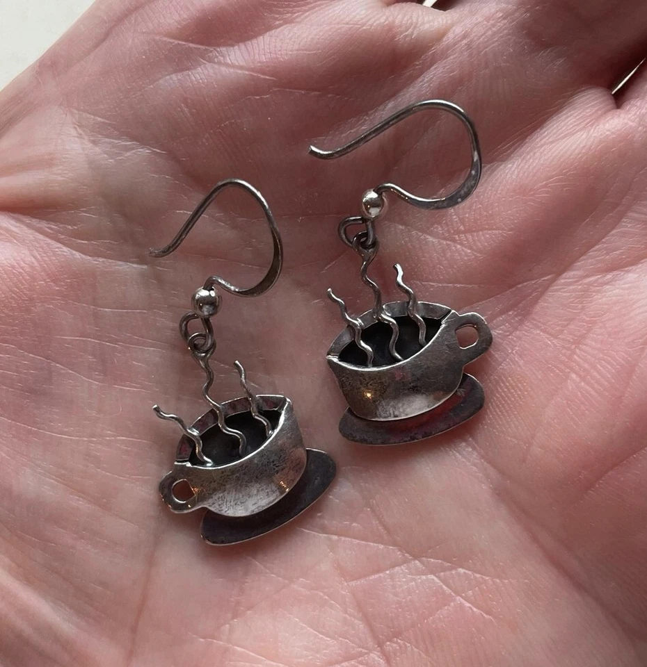 Taza de café con leche pendientes esterlina de gran alcance vintage barista té vapor 1,5" Foto 1 de 4