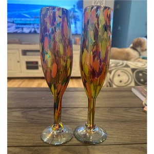Set Of 2 Mexican Glass Champange Flutes - Picture 1 of 3