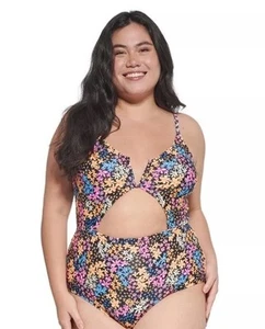 Black Colorful Floral Juniors Plus 1X Swim Suit One Piece Cut Out Detail NWT 18W - Picture 1 of 9