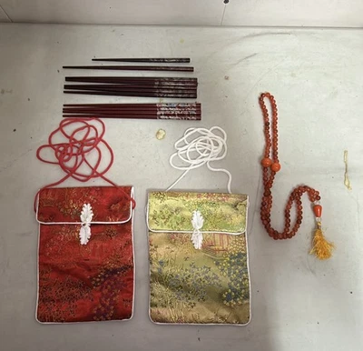 Vintage Asian Chinese Silk Coin Purse Wooden Chopsticks Necklace - Image 1 of 4