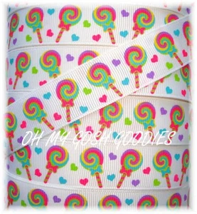 25 YARD ROLLSALE - 7/8 LOLLIPOP LOVE HEART CANDY SHOPPE GROSGRAIN RIBBON - Picture 1 of 1
