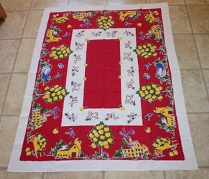 Vintage Tablecloth - Red Background Farm Scene Buildings Animals 48" x 64" - Bild 1 von 6
