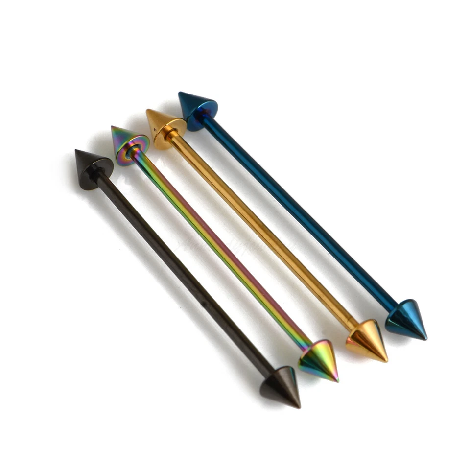 14G 1-1/2"(38mm) TITANIUM Anodized Steel Long Bar Industrial Barbells Spike Cone - Image 1 of 1