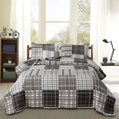 Bedspread Set Queen/Full Size Quilt Set Plaid Bed Spread Coverlet Black White Gr - Image 1 of 4