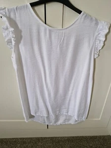 Ladies Italian Linen Look Top Back Button Frill Shoulder One Size - Picture 1 of 5