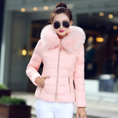 Invierno Mujeres Plumón Algodón Cálido Chaqueta Delgada Corto Cuello de Piel Abrigo con Capucha Parka XL Foto 1 de 4