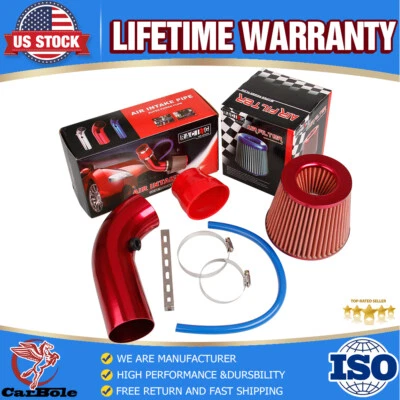 3" Power Flow Hose System Car Part Cold Air Intake Filter Pipe Induction Kit Red - Image 1 of 4