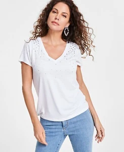 I.n.c. International Concepts Women's Raining-Crystal V-Neck Tee White SZ XL DEF - Picture 1 of 6