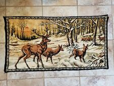 Vintage Tapestry Rug Deer Family Winter Wildlife 19" x 37" 