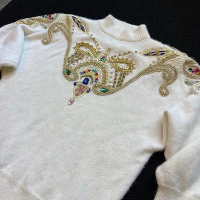 Vintage 80s Eugenia Beaded Lambswool Angora Sweater S Jeweled Ornate Beaded Glam - Imagem 1 de 4