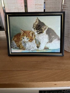 (127A).    Vintage Jean Henry Dufex Foil Print Kittens Framed - Picture 1 of 4