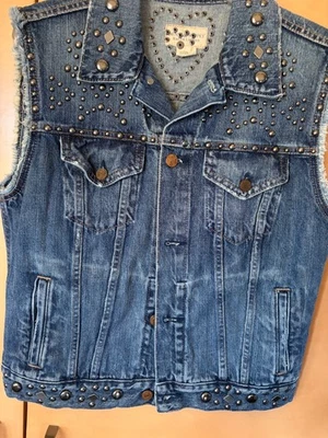 Ralph Lauren Denim Punk Rock Envejecido Motociclista Tachonado Jean Chaleco Sin Mangas Talla S Foto 1 de 4