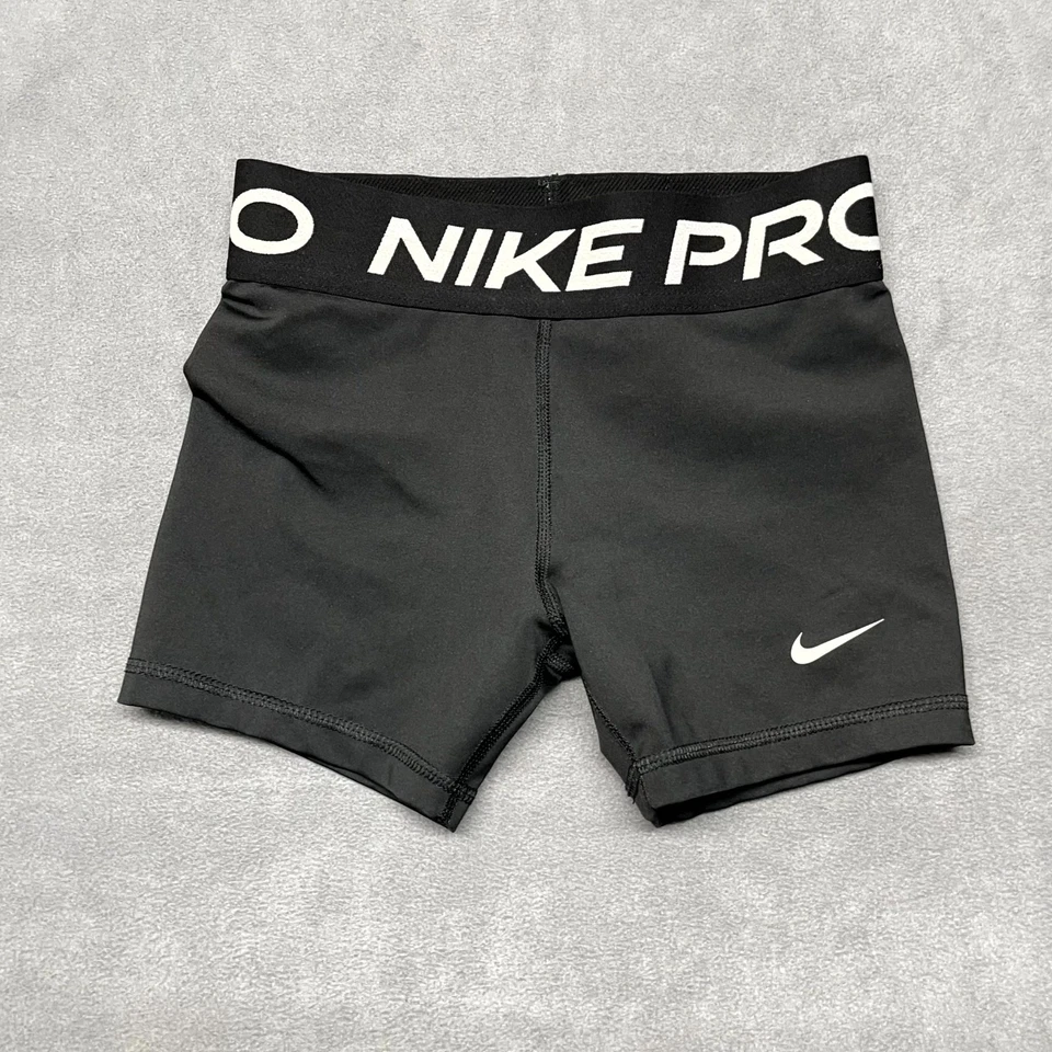 Nike Pro Dri Fit Athletic Shorts Kids M Black Swoosh Logo Nylon Stretch Low Rise - Image 1 of 4