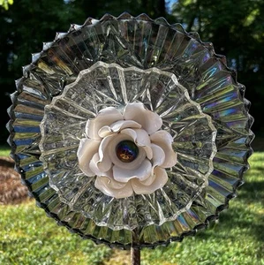 Iridescent Gray & White Rose Glass Garden Flower Repurposed Suncatcher Yard Art - Picture 1 of 6