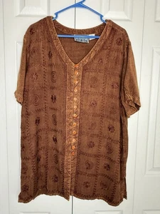 Embroidered Tunic Top Button-up Boho V-Neck M.P.H Collection Brown Women's Sz 2x - Picture 1 of 8