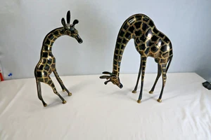 Vtg Pair '60s '70s Heavy Brass Metal 13" Giraffes Statues Figurines Mid Century - Picture 1 of 12