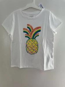 Old Navy Kids Girls Colorful Rainbow Pineapple Short Sleeve Shirt White L 10-12 - Picture 1 of 3