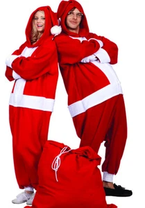ADULT SANTA CLAUS FUNSIE PAJAMAS COSTUME JUMPSUIT CHRISTMAS HOLIDAY RED WHITE - Picture 1 of 1